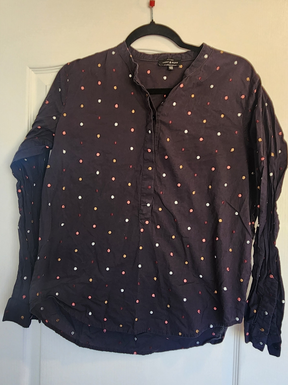 Lucky Brand Navy Polka Dot Long Sleeve Blouse M Euc